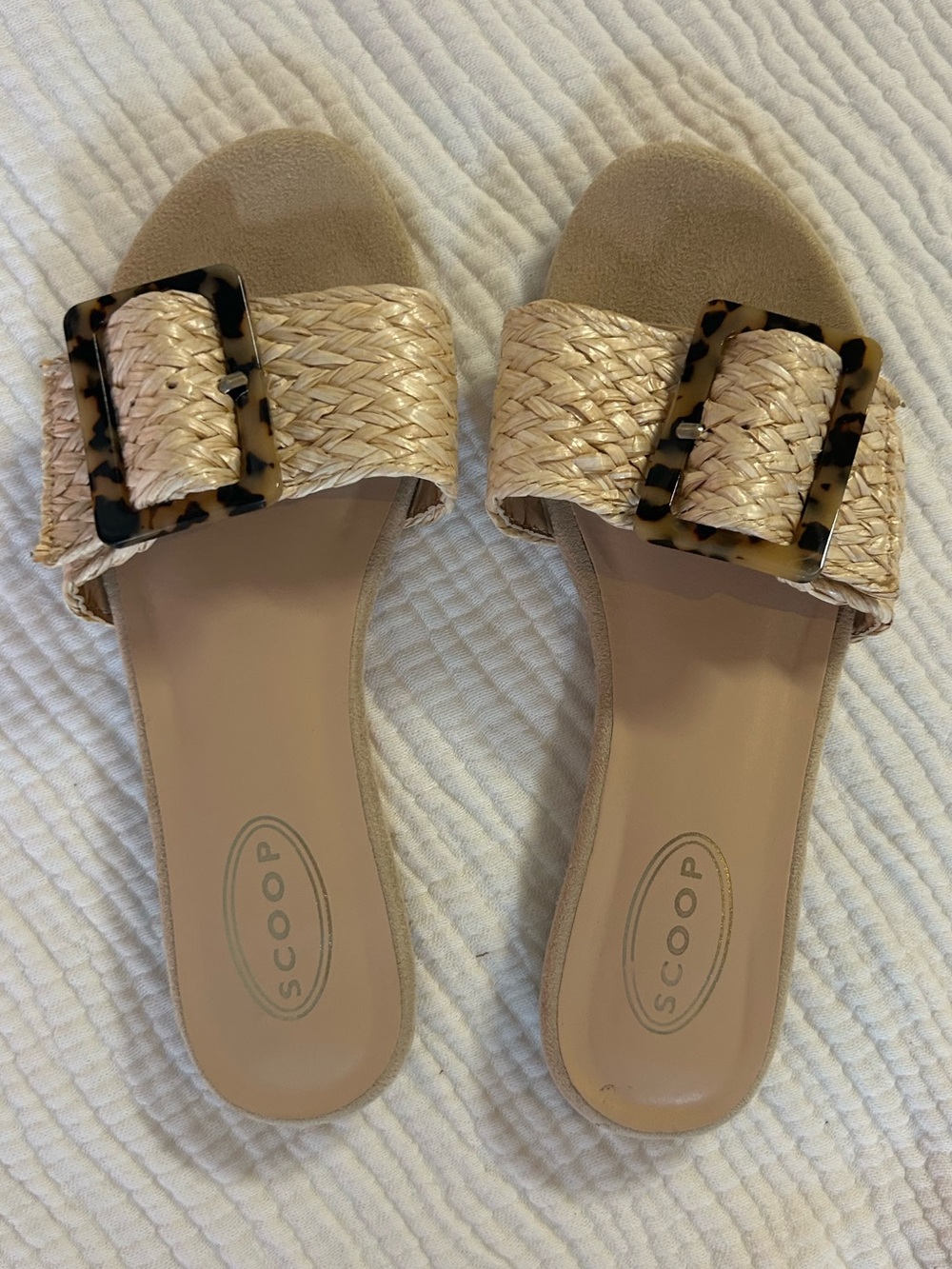 SCOOP Beige Woven Slide Mules with Tortoiseshell Buckle